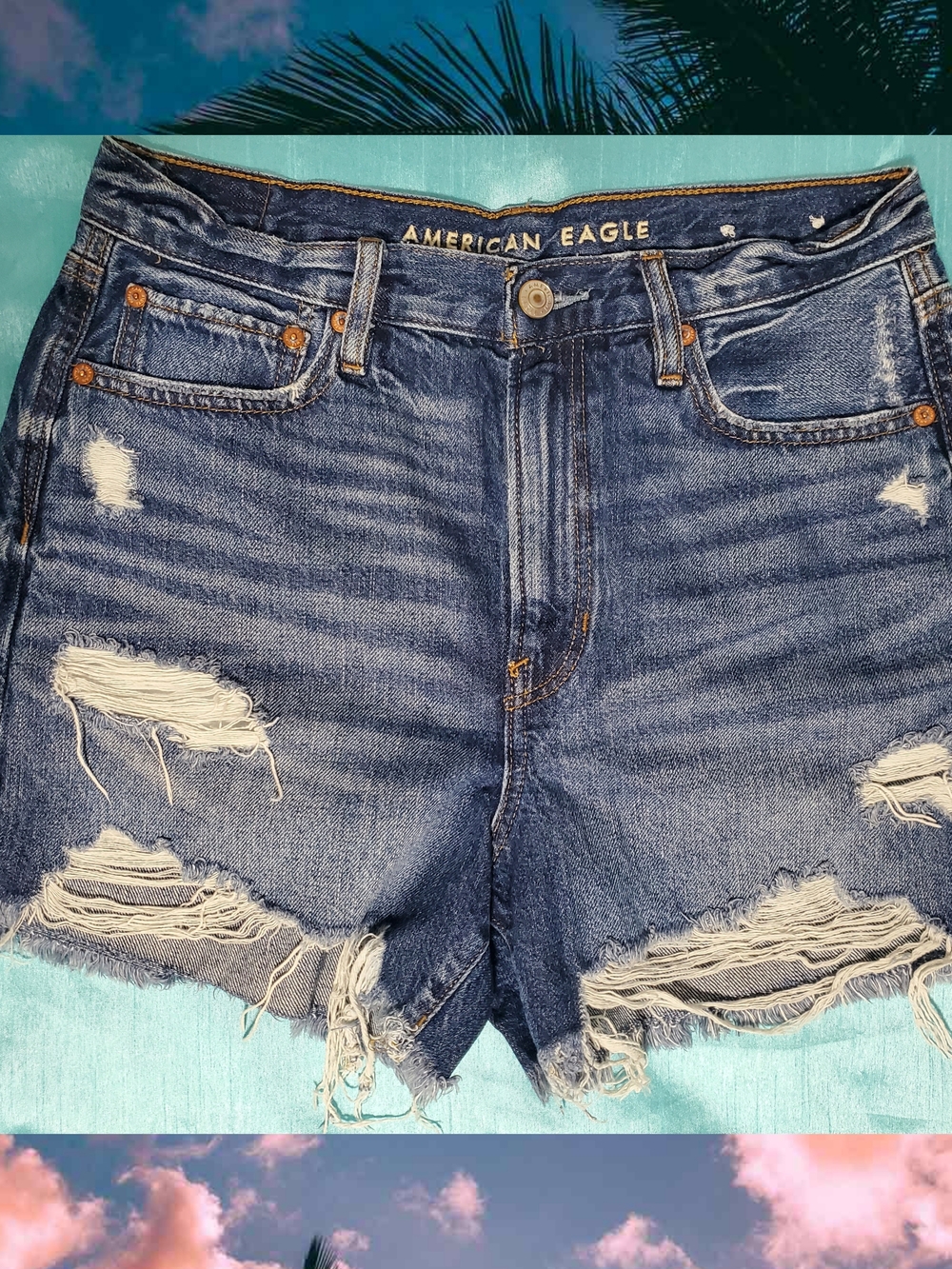 American Eagle Outfitters Distressed Dark Blue High-Rise Denim Shorts